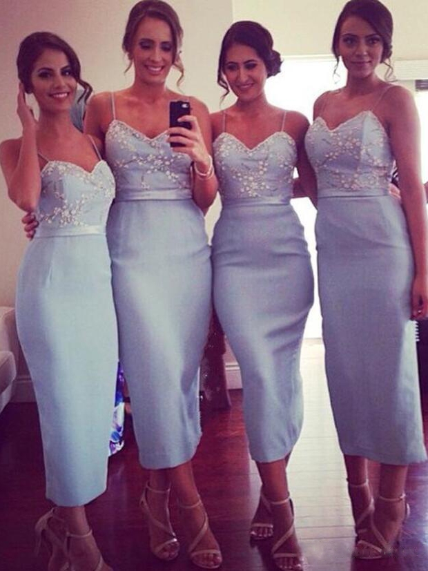 Elegant Sheath Bridesmaid Dresses Spaghetti Straps Appliques Beaded Tea Length Prom Dresses