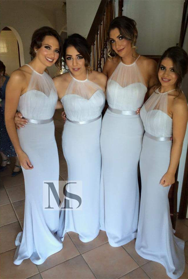 High Neck Halter Mermaid Bridesmaid Dresses Sheer Tulle Sash Maid of Honor Dresses