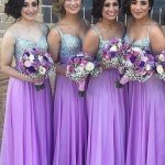 Lilac Long Bridesmaid Dresses Straps Chiffon Floor Length Maid of Honor Dresses