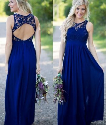 Midnight Blue Bridesmaid Dresses Lace Top Chiffon Open Back A-line Maid of the Honor Dress