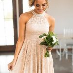 Nude Lace Short Bridesmaid Dresses Pearls Halter Neck Maid of the Honor Dress