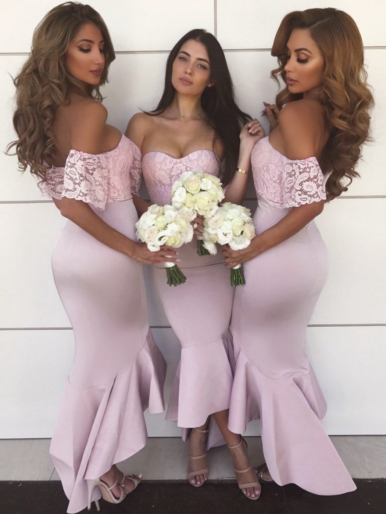 Off-The-Shoulder Mermaid Prom Dresses High-Low Lace Bridesmaid Dresses