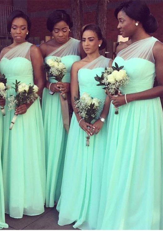 One Shoulder Bridesmaid Dresses Mint Long Chiffon Wedding Guest Dress