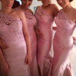 One Shoulder Lace Appliques Flower Sleeveless Sheath Pink Bridesmaid Dresses