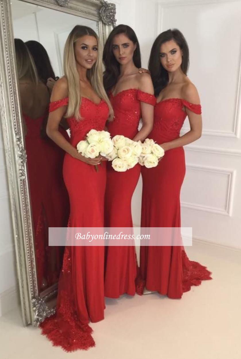 Red off-the-Shoulder Bridesmaid Dresses Zipper Back Long Lace Party Gowns
