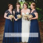 Romance Lace Chiffon Navy Blue Long Bridesmaid Dresse