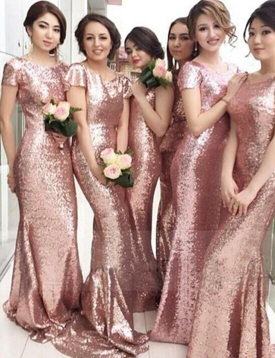Rose Gold Mermaid Bridesmaid Dresses Short Sleeves Bling Bling Metallic Wedding Party Dresses