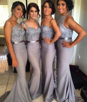 Sequined Appliques Draped Ruffle Grey Bridesmaid Dresses Mermaid Satin Party Gowns