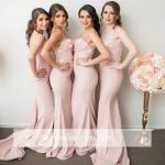Spaghettis-Straps 3D-Floral-Appliques Mermaid Pink Bridesmaid Dresse