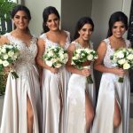 White Lace Appliques Bridesmaid Dresses A-Line Side Slit Party Gowns