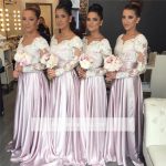 White-Lace Long-Sleeve Pink V-neck Popular Elegant Bridesmaid Dress