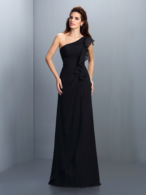 Black Floor-Length Chiffon One-Shoulder Sheath Column Sleeveless Pleats Empire 50567BD Bridesmaid Dress