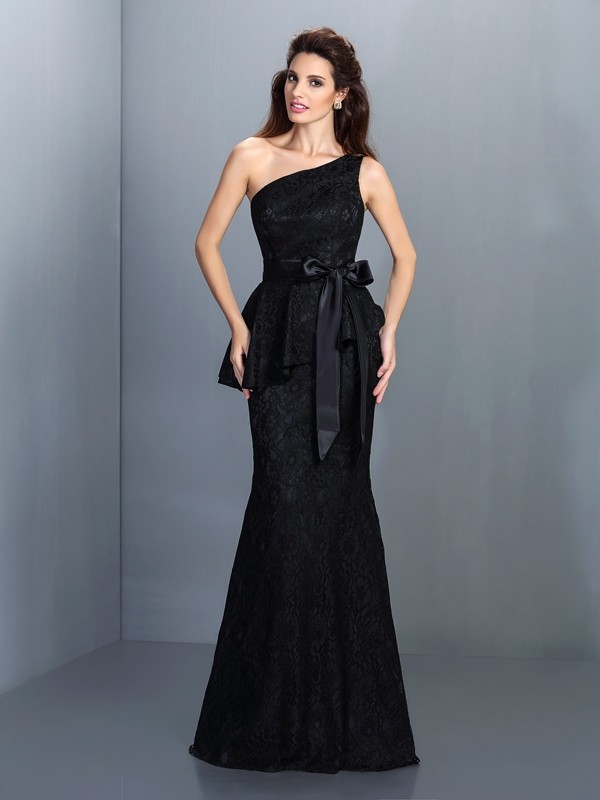 Black Floor-Length Satin One-Shoulder Trumpet Mermaid Sleeveless Lace Empire 50540BD Bridesmaid Dress
