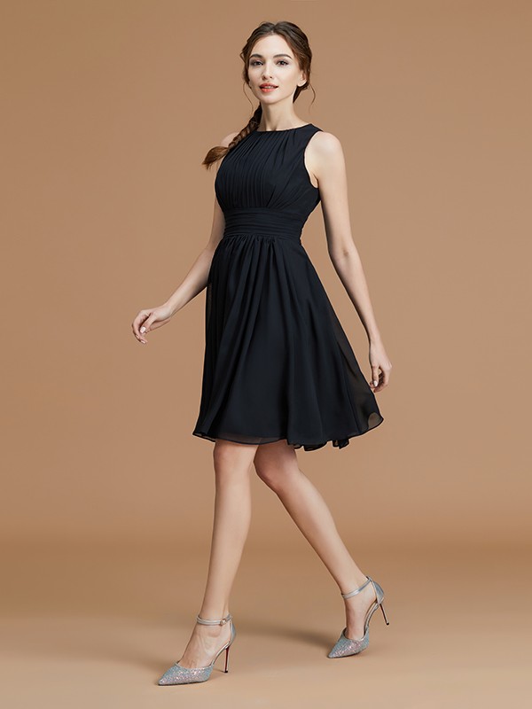 Black Short Mini Chiffon Bateau A-Line Princess Sleeveless Ruffles Natural 72094BD Bridesmaid Dress