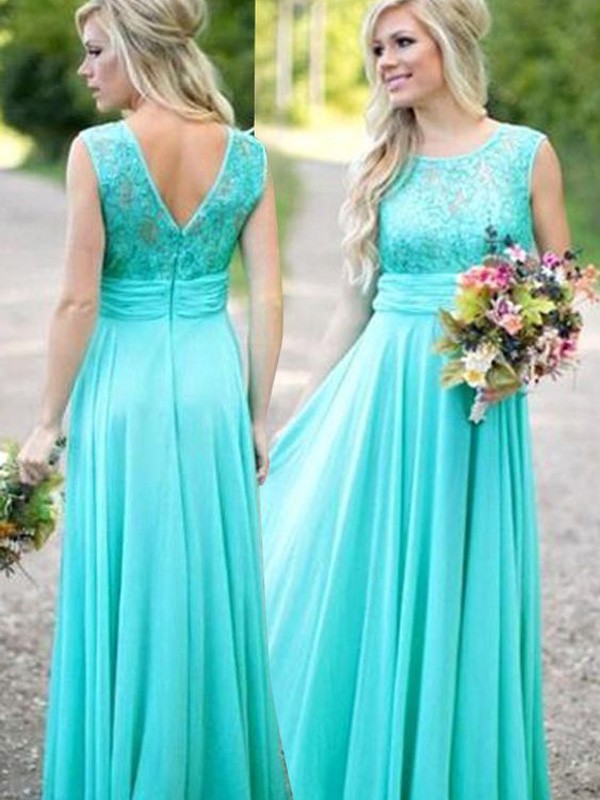 Blue Floor-Length Chiffon Scoop A-Line Princess Sleeveless Lace Natural BD1506EV719BD Bridesmaid Dress