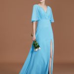 Blue Floor-Length Chiffon V-neck A-Line Princess Short Sleeves Ruched Natural 72144BD Bridesmaid Dress