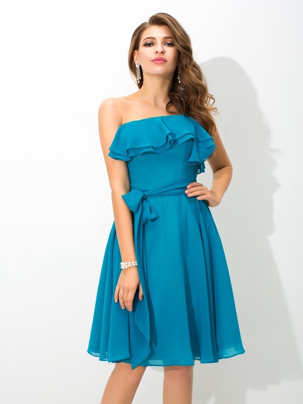 Blue Knee-Length Silk like Satin One-Shoulder A-Line Princess Sleeveless SashRibbonBelt Natural 60266BD Bridesmaid Dress