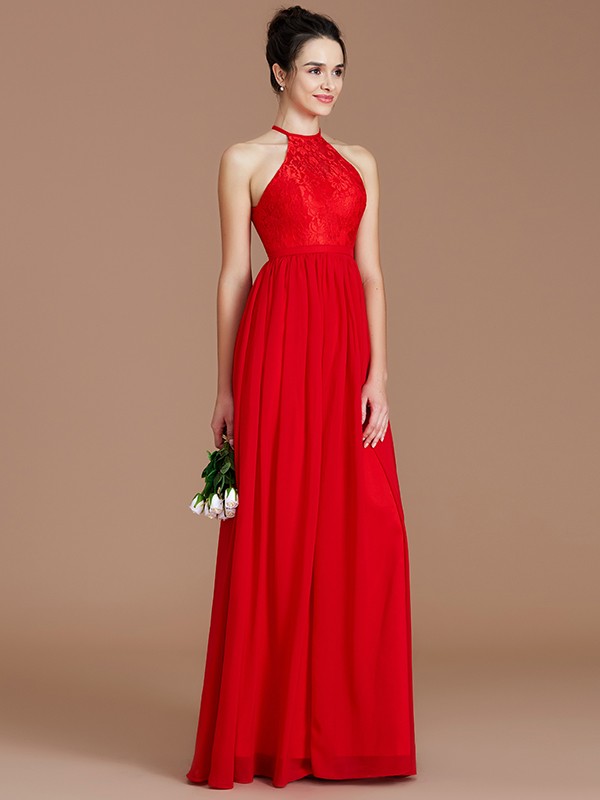 Burgundy Floor-Length Chiffon Halter A-Line Princess Sleeveless Lace Natural 72004BD Bridesmaid Dress