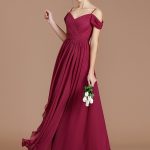 Burgundy Floor-Length Chiffon Off-the-Shoulder A-Line Princess Sleeveless Ruched Natural 72010BD Bridesmaid Dress