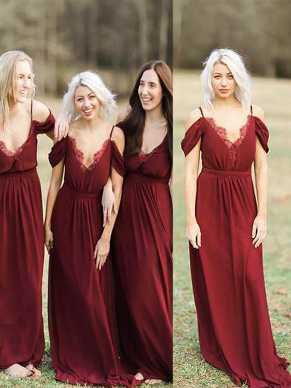 Burgundy Floor-Length Chiffon Spaghetti Straps A-Line Princess Sleeveless Lace Natural BD1506EV1031BD Bridesmaid Dress