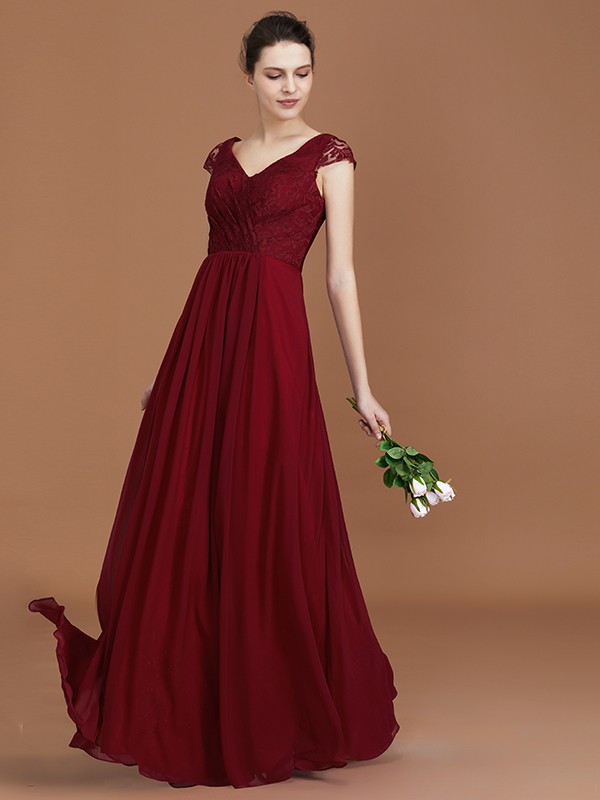 Burgundy Floor-Length Chiffon V-neck A-Line Princess Short Sleeves Lace Natural 72136BD Bridesmaid Dress