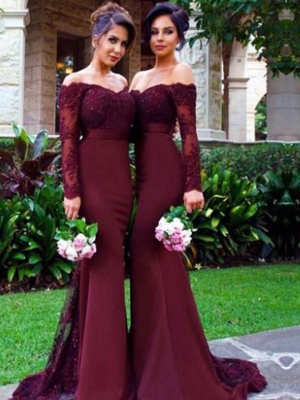 Burgundy Sweep Brush Train Stretch Crepe Off-the-Shoulder Trumpet Mermaid Natural BD1506EV726BD Bridesmaid Dress