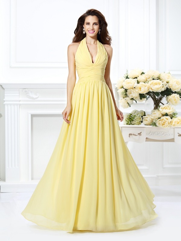 Daffodil Floor-Length Chiffon Halter A-Line Princess Sleeveless Pleats Natural 50477BD Bridesmaid Dress