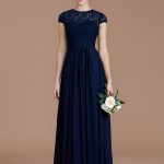 Dark Navy Floor-Length Chiffon Jewel A-Line Princess Short Sleeves Lace Natural 72024BD Bridesmaid Dress