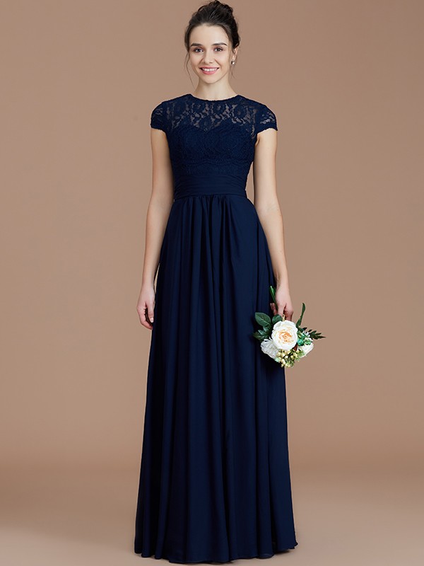 Dark Navy Floor-Length Chiffon Jewel A-Line Princess Short Sleeves Lace Natural 72024BD Bridesmaid Dress