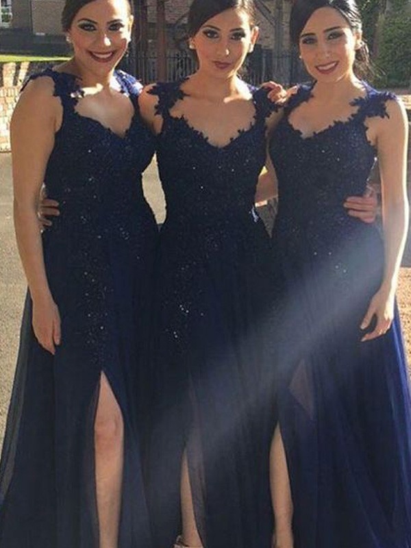 Dark Navy Floor-Length Chiffon Sweetheart A-Line Princess Sleeveless Lace Natural BD1506EV720BD Bridesmaid Dress