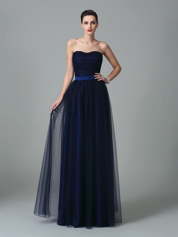 Dark Navy Floor-Length Net Sweetheart A-Line Princess Sleeveless Ruffles Natural 60261BD Bridesmaid Dress