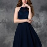 Dark Navy Knee-Length Chiffon Halter A-Line Princess Sleeveless Lace Natural 60001BD Bridesmaid Dress