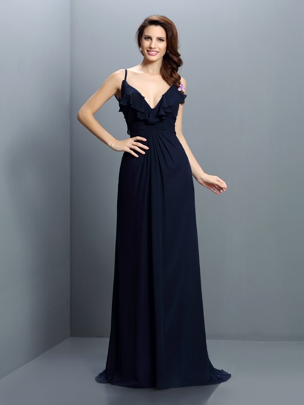 Dark Navy Sweep Brush Train Chiffon Spaghetti Straps A-Line Princess Sleeveless Pleats Empire 50487BD Bridesmaid Dress