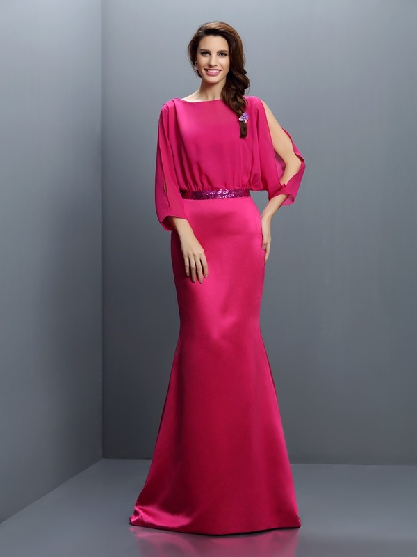 Fuchsia Sweep Brush Train Chiffon Bateau Trumpet Mermaid Long Sleeves SashRibbonBelt Empire 50486BD Bridesmaid Dress