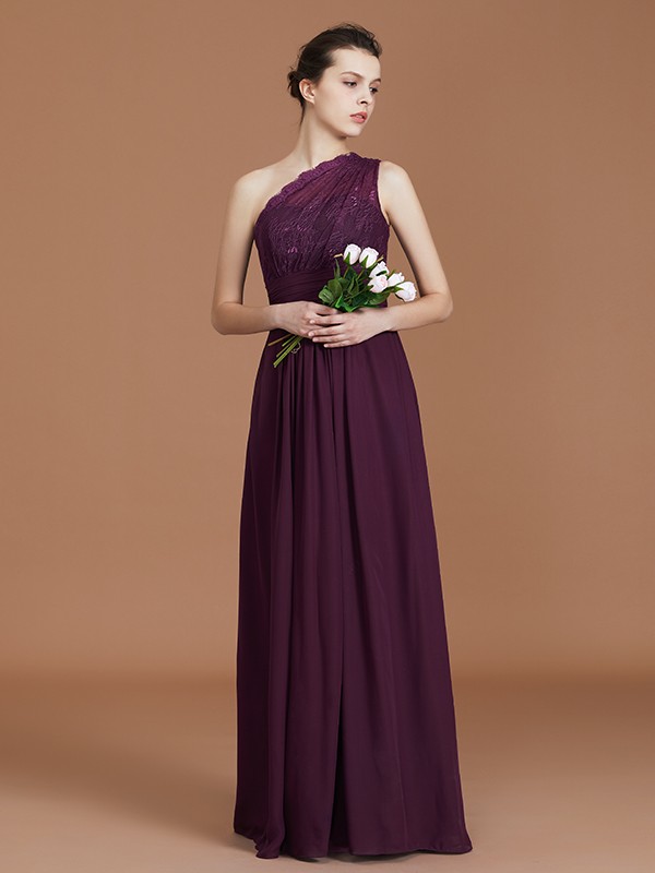 Grape Floor-Length Chiffon One-Shoulder A-Line Princess Sleeveless Lace Natural 72147BD Bridesmaid Dress