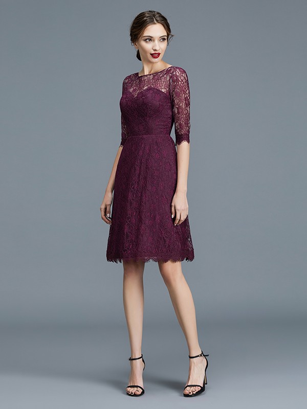 Grape Knee-Length Satin Bateau A-Line Princess 12 Sleeves Lace Natural 72110BD Bridesmaid Dress