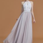 Grey Floor-Length Chiffon Halter A-Line Princess Sleeveless Lace Natural 72093BD Bridesmaid Dress