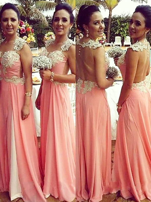 Pink Chiffon Straps A-Line Princess Applique Bridesmaid Dress