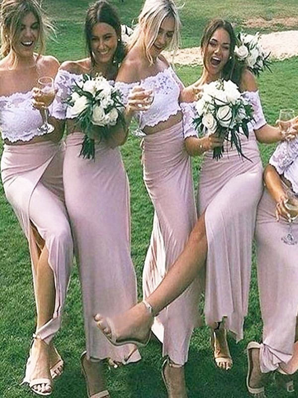Pink Jersey Off-the-Shoulder Sheath Column Bridesmaid Dress