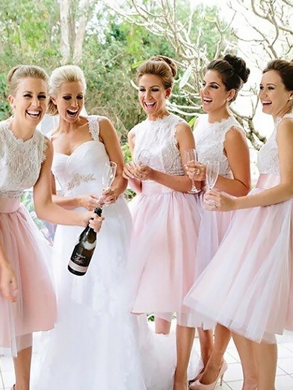 Pink Knee-Length Tulle Scoop A-Line Princess Lace Bridesmaid Dress