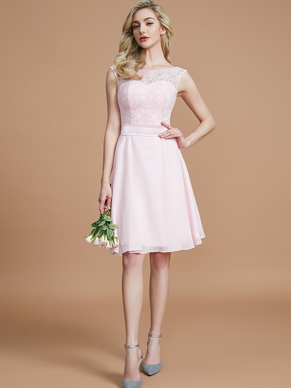 Pink Short Mini Chiffon Bateau A-Line Princess Lace 72005BBridesmaid Dress