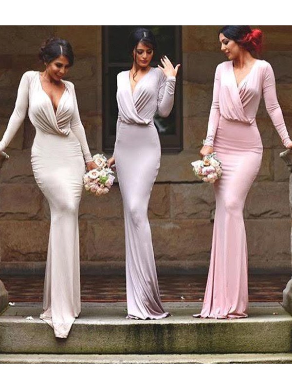 Pink,Ivory,Silver Jersey V-neck Sheath Column Applique PO16033PO617Bridesmaid Dress