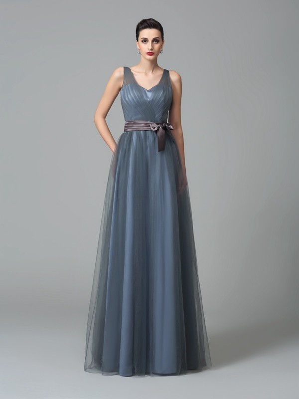 Grey Net Straps A-Line Princess Sash Ribbon Belt Empire Bridesmaid Dress