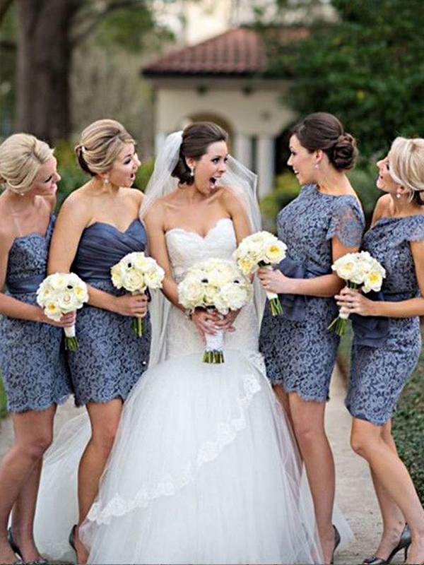 Grey Short Mini Lace Sweetheart Sheath Column Bridesmaid Dress