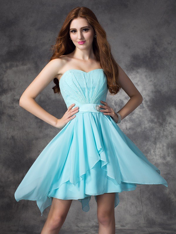 Light Sky Blue Short Mini Chiffon Sweetheart A-Line Princess Ruffles 60296 Bridesmaid Dress