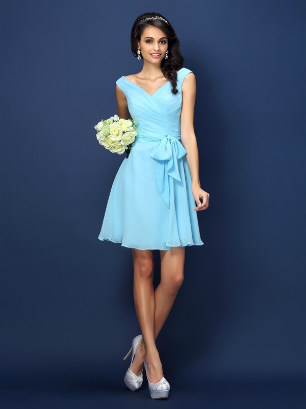 Light Sky Blue Short Mini Chiffon V-neck A-Line Princess Bowknot,Pleats 50550 Bridesmaid Dress
