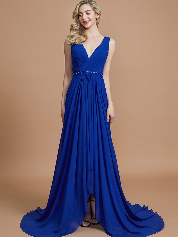 Royal Blue Sweep Brush Train Chiffon V-neck A-Line Princess 72043Bridesmaid Dress