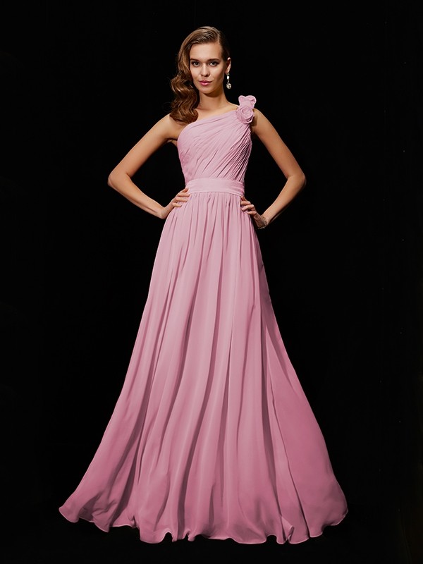 Creative Courage Princess Style One-Shoulder Hand-Made Flower Long Chiffon Bridesmaid Dresses