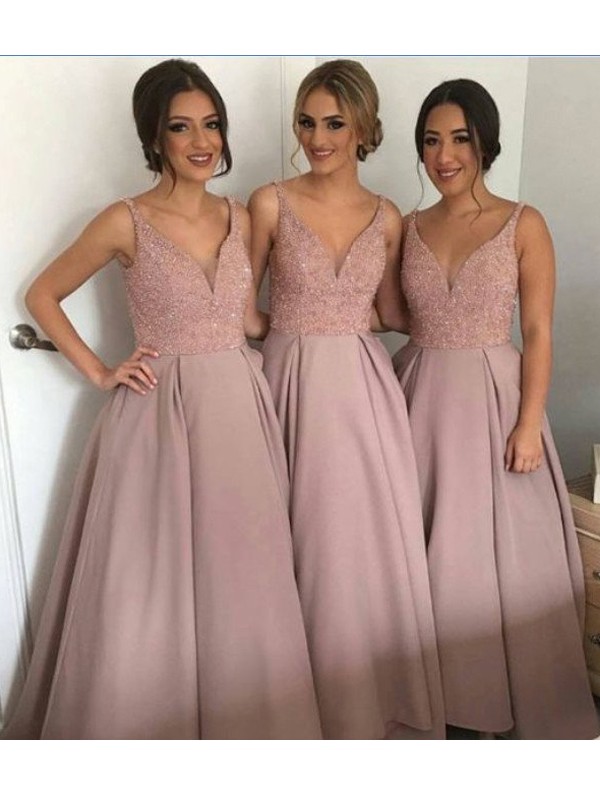 Dancing Queen Princess Style V-neck Floor-Length Beading Taffeta Bridesmaid Dresses