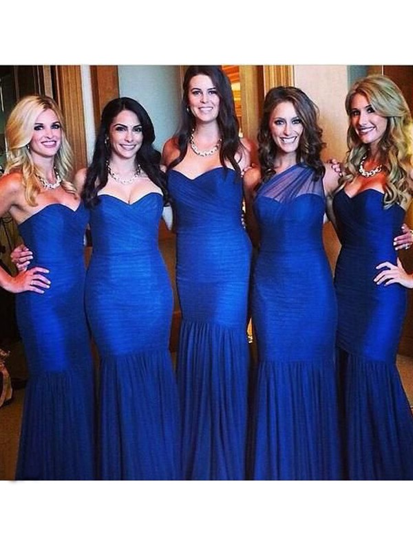 Defined Shine Mermaid Style Sweetheart Floor-Length Ruched Tulle Bridesmaid Dresses